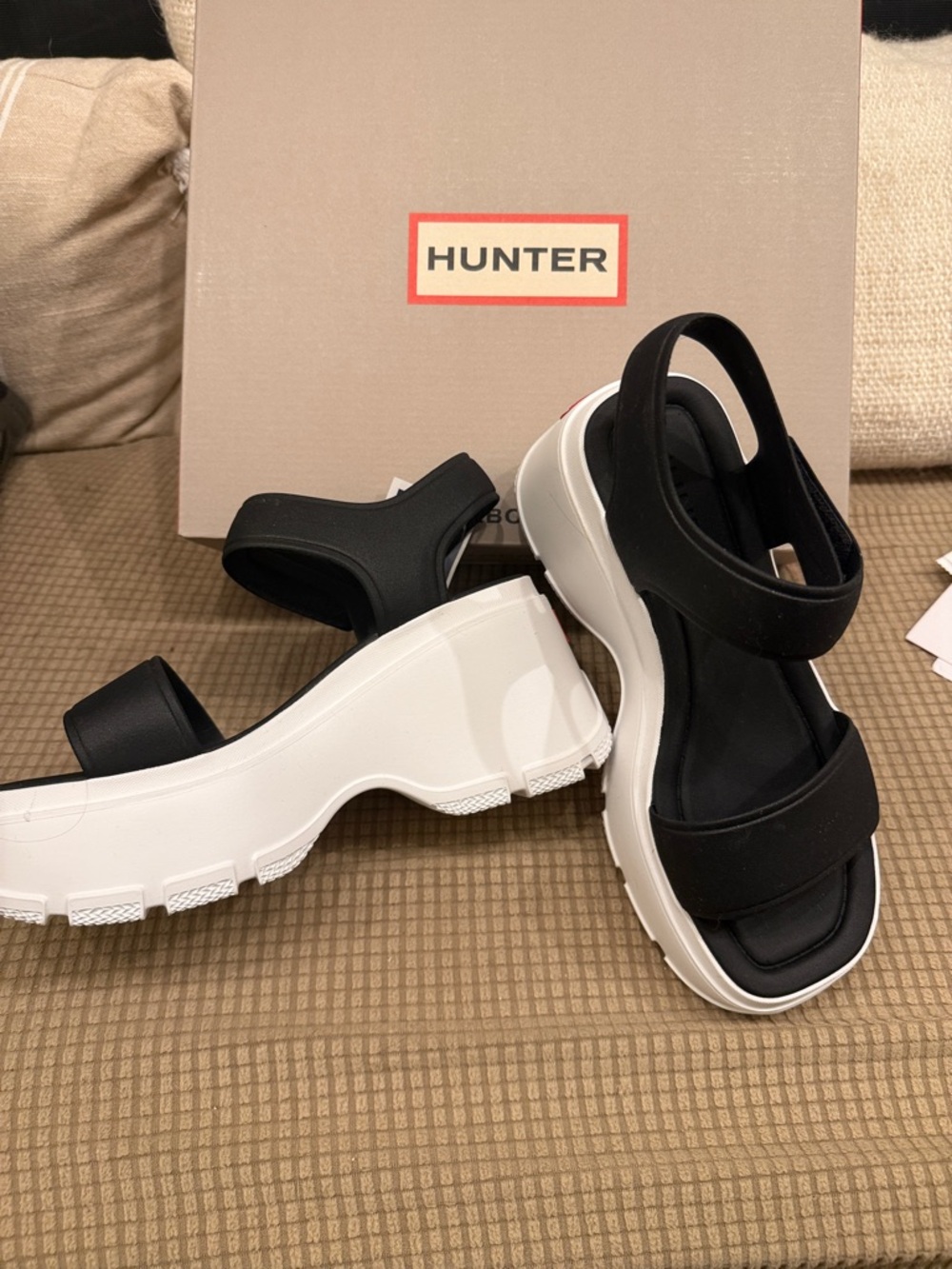 Hunter Black Sandal Platforms with White Lug Sole
